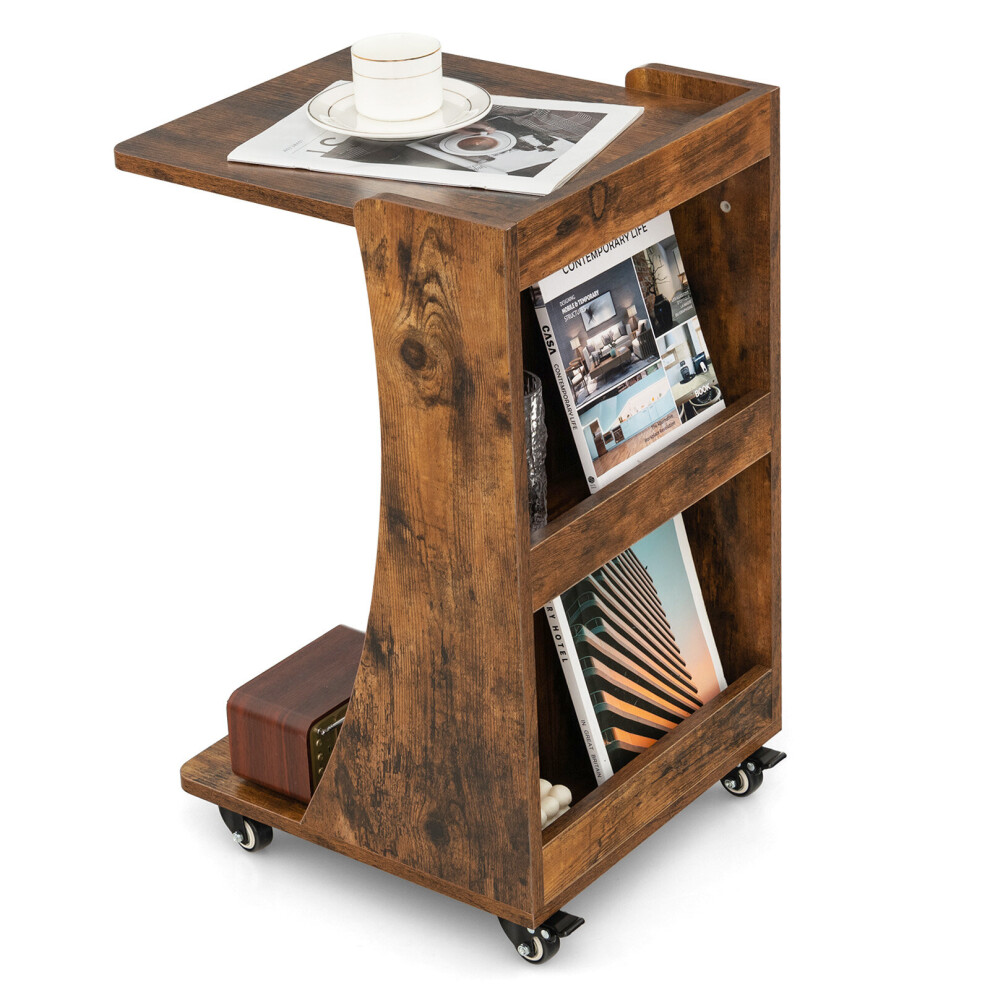 C-Shaped Mobile Snack Coffee Table Compact End Table w/ on Wheels