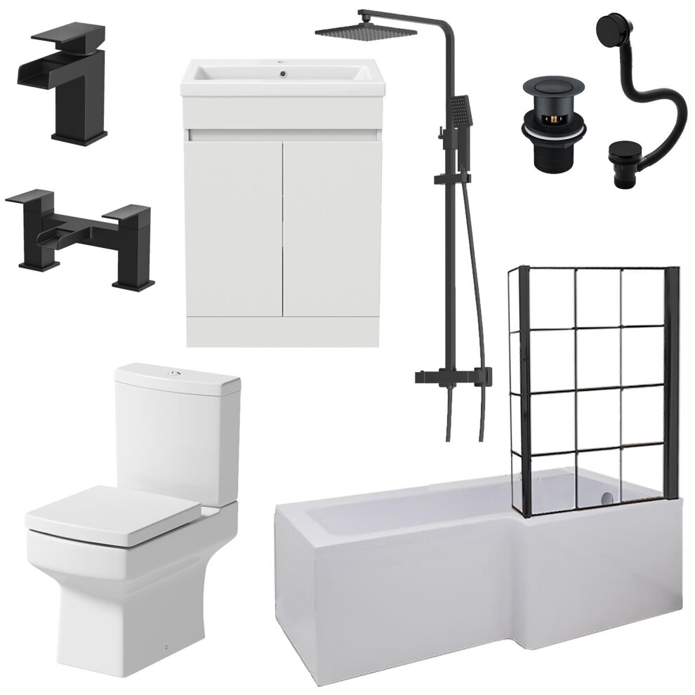 Complete Bathroom Suite Black 1700 L Shape RH Bath Screen Vanity WC Shower Taps