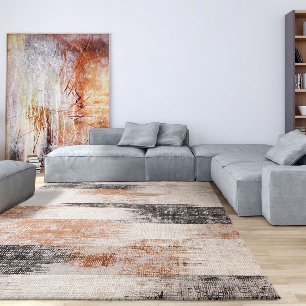 (Large 160x230cm) Kuza Lines Modern Distressed Rug in Terracotta Orange