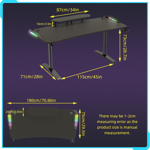 Ergonomic Gaming Desk with Shelf Led Lights Computer Workstation Table 2