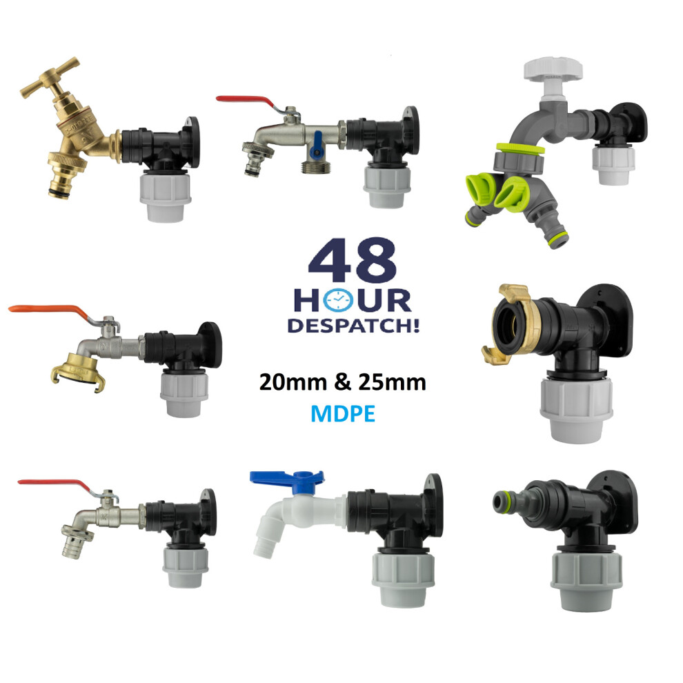 (25mm, Backplate) MDPE Compression Wall Flange Plate + Hozelock Compatible Quick Connect Tap