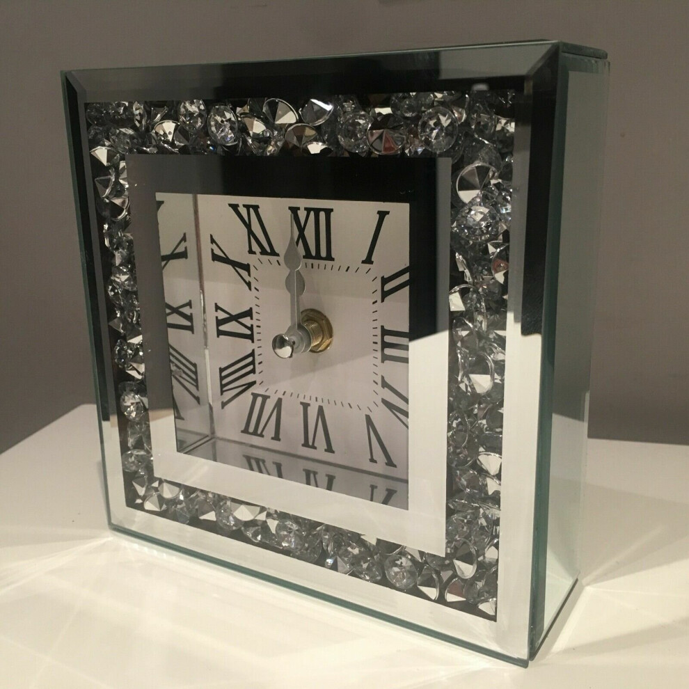 CRUSHED JEWEL MIRROR MANTLE TABLE CLOCK DIAMANTE MIRROR CLOCK 15cm