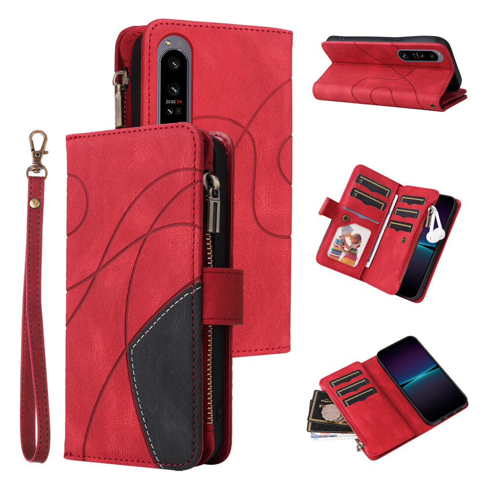 Gangxun (Red) Case For Sony Xperia 1 Iv Wallet Cover Zipper Poket Nine Card Slot Pu Leather Magnetic Clasp Kickstand Compatible With Sony Xperia 1 Iv Case Red