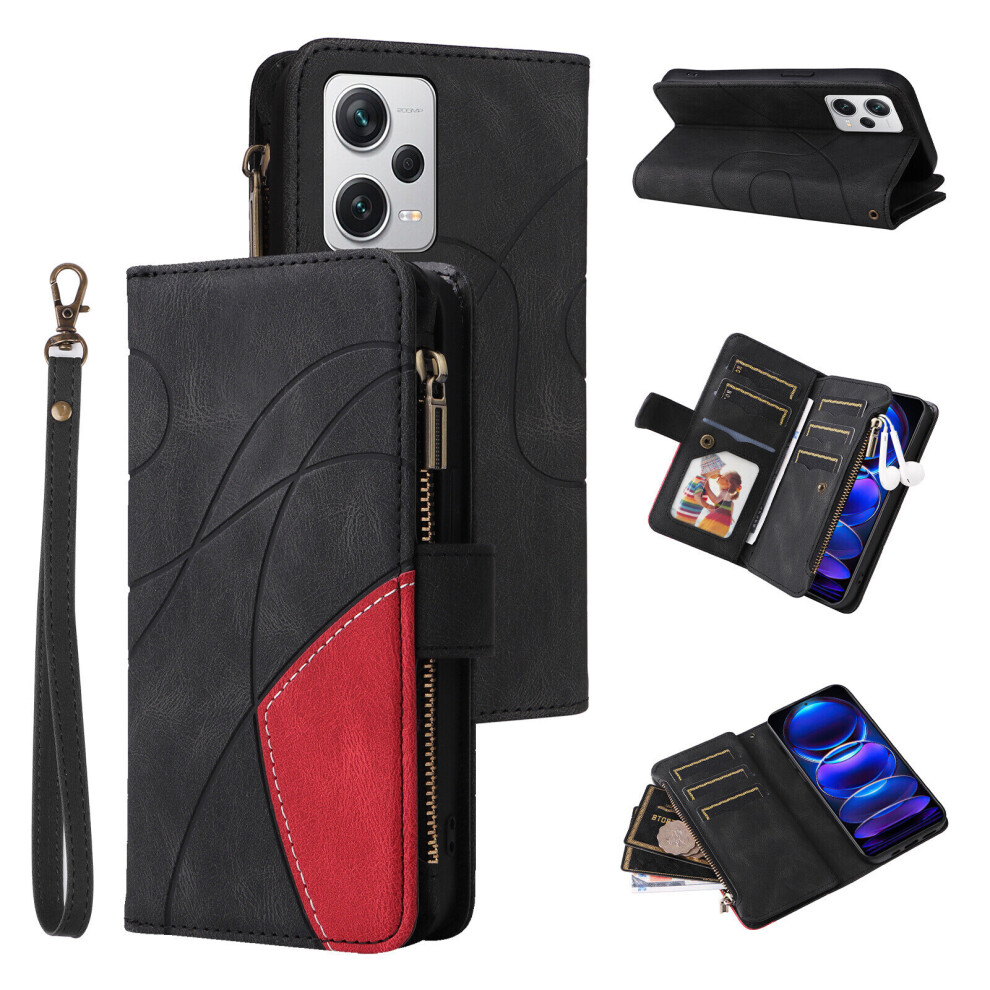 (Black) Case For Xiaomi Redmi Note 12 Pro 5G Wallet Cover Zipper Poket Nine Card Slot Pu Leather Magnetic Clasp Kickstand Compatible With Xiaomi Redmi Black 463533981039