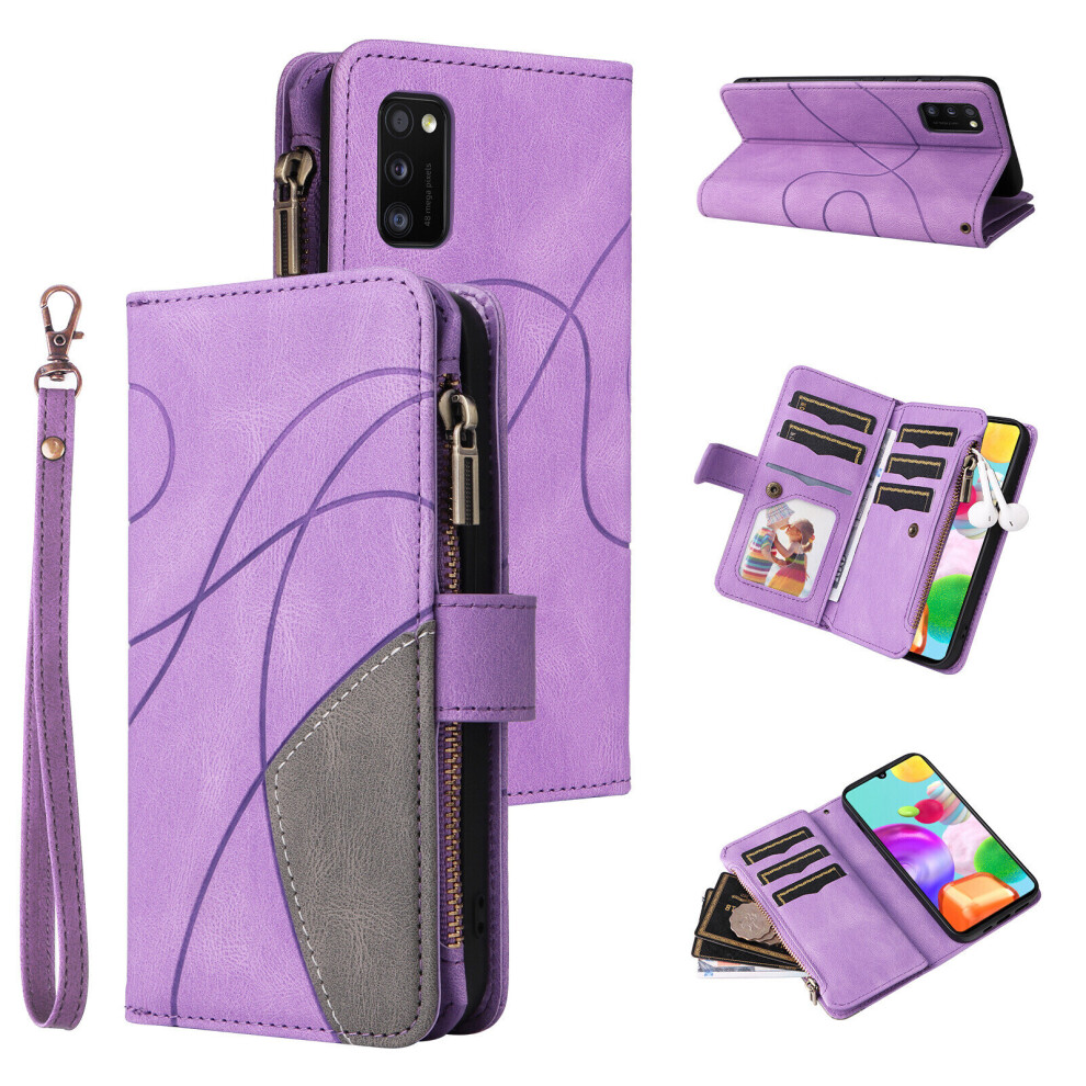 (Purple) Case for Samsung Galaxy A41 Wallet Cover Zipper Poket Nine Card Slot PU Leather Magnetic Clasp Kickstand Compatible with Samsung Galaxy A41 C