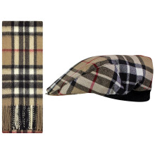Lambswool Flat Cap and Scarf Set Thomson Camel Modern Tartan Elasticated Band Men Women Comfort Fit Scottish Gifts for Women Men's Accessories