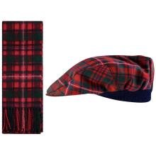 Lambswool Flat Cap and Scarf Set MacKinnon Red Modern Tartan Elasticated Band Men Women Comfort Fit Scottish Gifts for Women Men's Accessories
