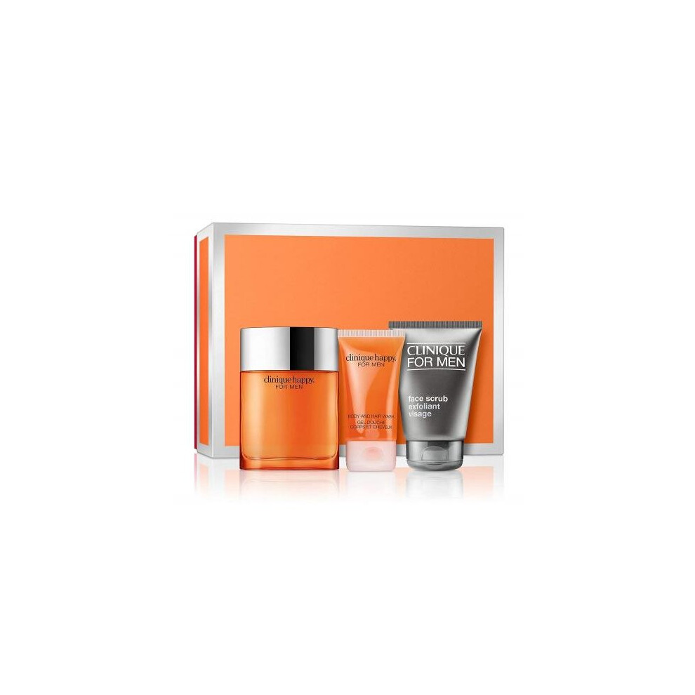 Clinique Happy 3 Pcs Set For Men: 3.4 Cologne Spray + 3.4 Face Scrub + 1.7 Body And Hair Wash