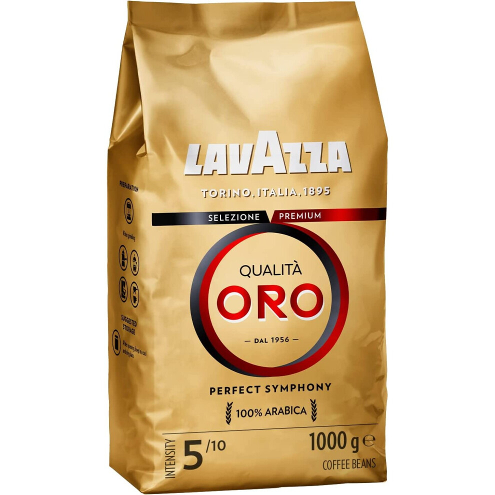 Lavazza, QualitÃ  Oro, Coffee Beans, Ideal for Bean to Cup Machine and a Filter Coffee Machine, 100% Arabica, Intensity 5/10, Medium Roast, 1 Kg