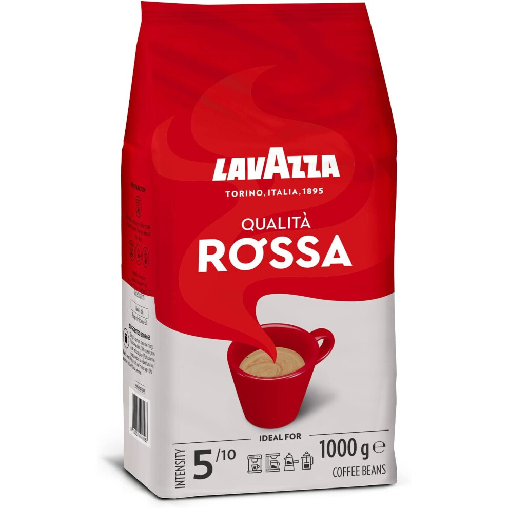 Lavazza, QualitÃ  Rossa, Coffee Beans, with Aromatic Notes of Chocolate and Dried Fruit, Arabica and Robusta, Intensity 5/10, Medium Roasting, 1 Kg