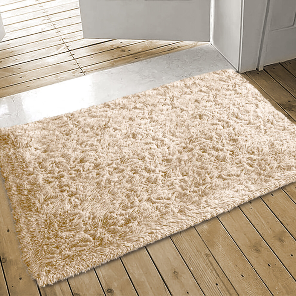 (60cm x 110cm (2ft x 3ft 7") Mat Size) Beige Rugs Living Room Shaggy Carpet Door Bathmat