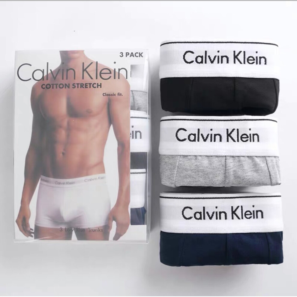 (Black+Grey+Blue, XL) (3PACK)CALVIN KLEIN Mens Trunk Boxers Underwear Brief Structure Short Soft