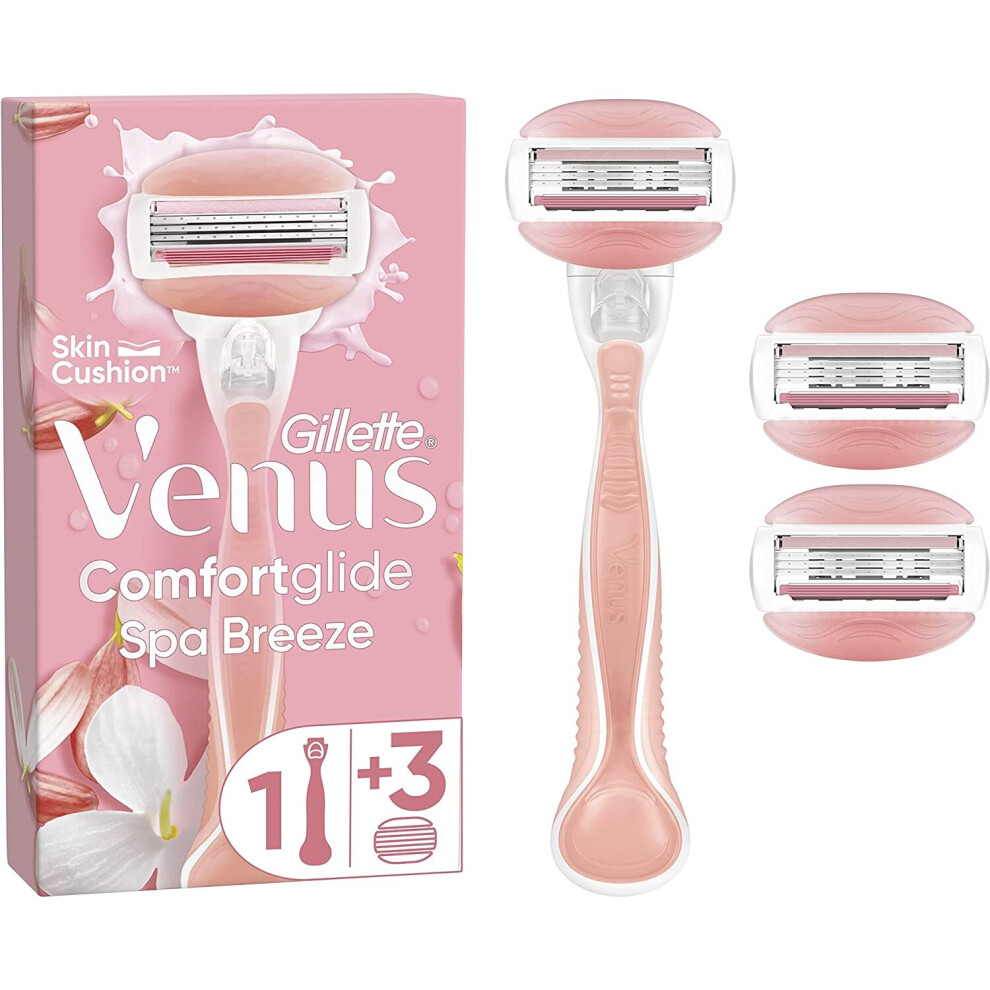 Gillette Venus ComfortGlide Spa Breeze Women's Razor + 3 Razor Blade Refills, 2 Shaving Gel Bars For A Comfortable Shave, Packaging May Vary