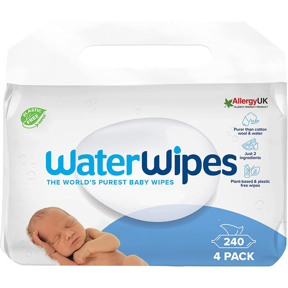 WaterWipes Original Plastic Free Baby Wipes, 240 Count (4 packs), 99.9% Water Based Wet Wipes & Unscented for Sensitive Skin