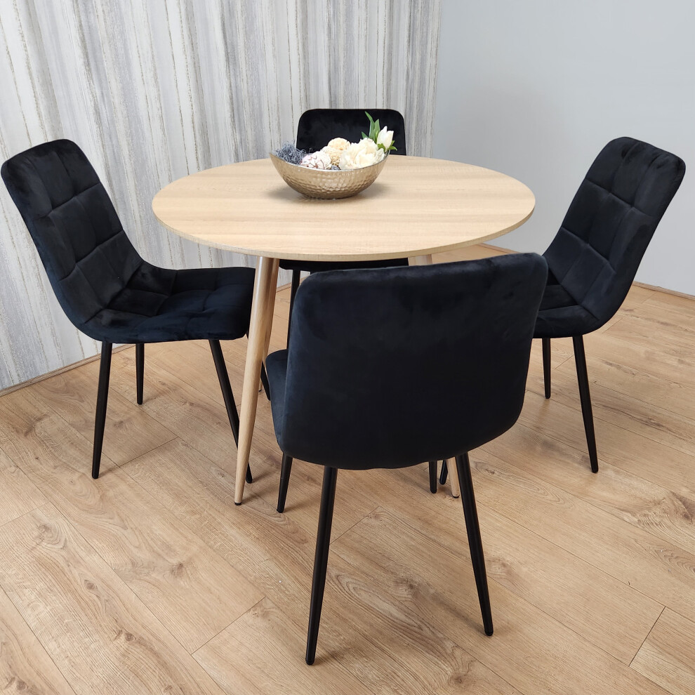Round Oak Effect Dining Table With 4 Black Velvet Tufted Chairs Set