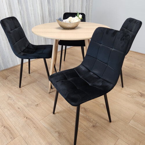 Round Oak Effect Dining Table With 4 Black Velvet Tufted Chairs Set 1