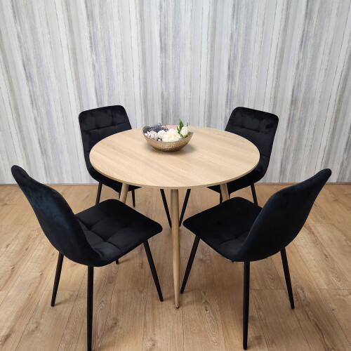 Round Oak Effect Dining Table With 4 Black Velvet Tufted Chairs Set 2
