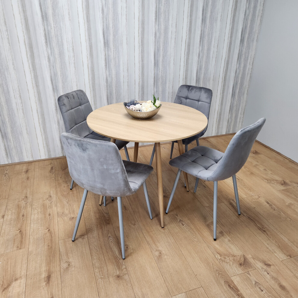 Round Oak Effect Dining Table With 4 Grey Velvet Tufted Chairs Set