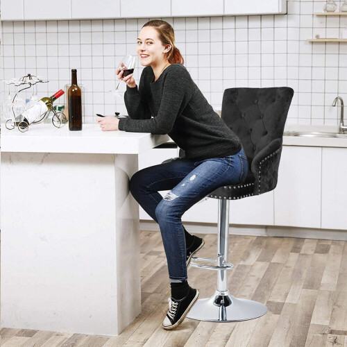 (Black) Crushed Velvet Upholstered Breakfast Bar Stool 2