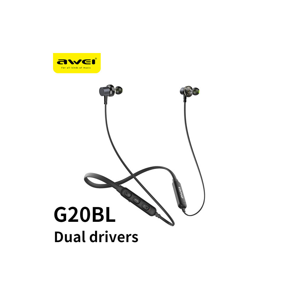 (A-G20bl ) Awei G10bl Wireless Bluetooth Earphone Magnetic Neckband Earbuds With Mic Dual Driver Noise Cancel Ipx5 Waterproof Sport Headset Black 4851204919423