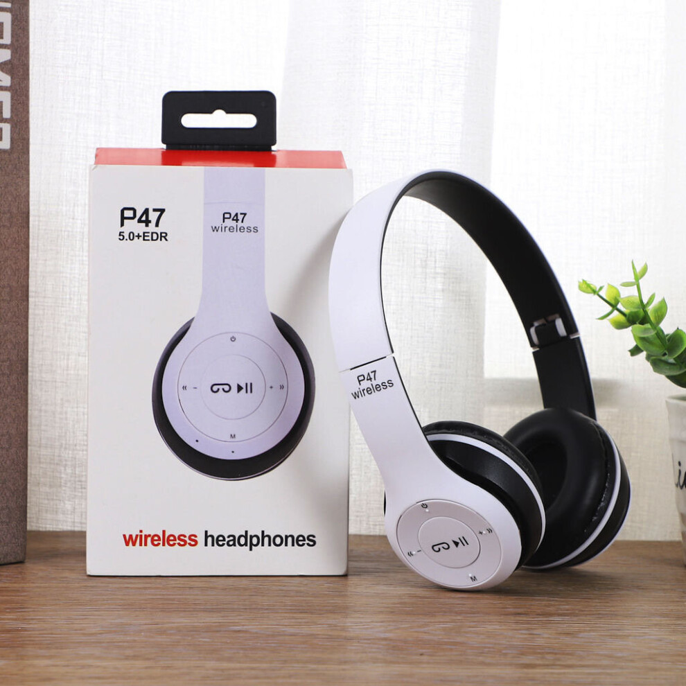(A-P47 ) Wireless Headphones 5.0 Bluetooth Earphone Foldable Bass Stereo Sports Game Headset Handfree Earbuds With Mic For Android Ios White 4851205056356