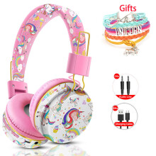 (a-Pink no box) Wireless Headphones with Mic Rainbow Unicorn Kids Girls Stereo Music Helmet Headset Gamer TF Card for Phone Children Headphone