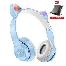 (a-Sky blue With bag) RGB Cute Cat Ears Bluetooth 5.0 Wireless Headphone With Microphone Noise Cancelling Kid Girl Stereo Music Casco Storage Bag Gift