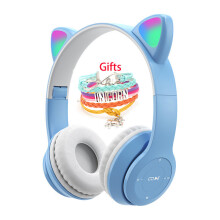 (a-Light Blue) Wireless Headphones Cat Ear with Mic Blue-tooth Glow Light Stereo Bass Helmets Children Gamer Girl Gifts PC Phone Gaming Headset