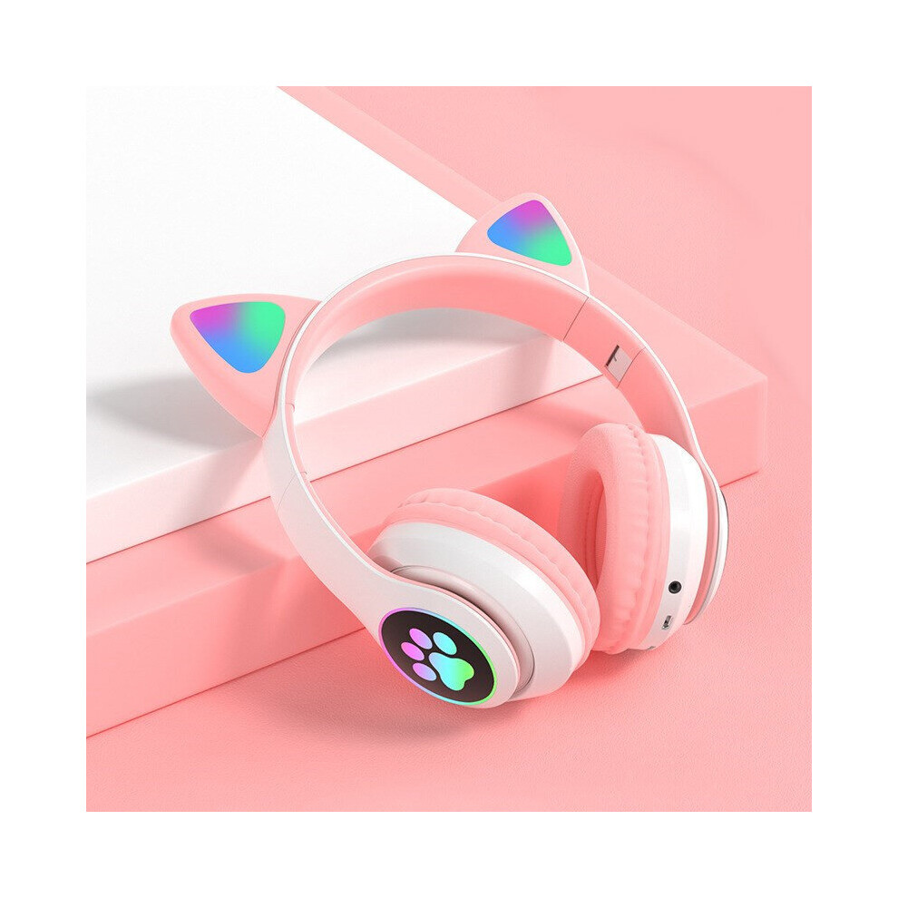 (a-Pink) LED Flash Cute Cat Ears Wireless Headphone With Microphone Stereo Bluetooth Headset Support TF Card for Kids Girl Music Gift