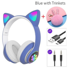 (a-Blue with Trinkets) Wireless Headphones Helmet Cat Ear Earphone Stereo Girls Bluetooth Helmets Noise Cancel Earbud with Microphone Trinkets Gifts