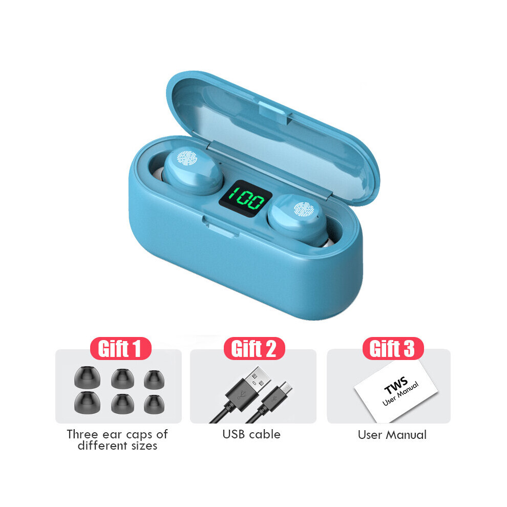 (A-) Fone F9 Tws Original Tws Bluetooth Headset Wireless Headphone F9 9D Hifi Stereo Earbuds Waterproof Mini Earphones Led Display Sky Blue 4851204975702