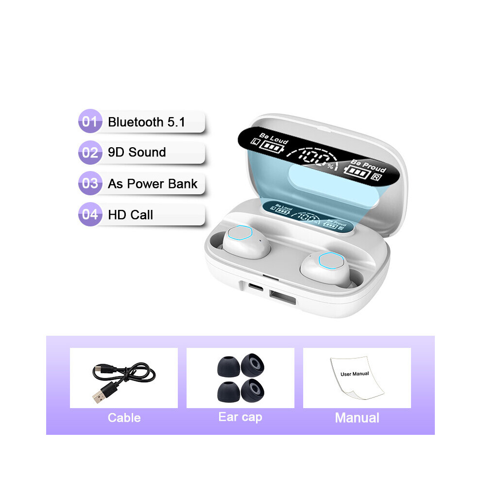 (A-Wihte) New Tws Earphone Wireless Bluetooth 5.1 Headphones Waterproof Sport Headsets Noise Reduction Earbuds With Microphone 4851204964065