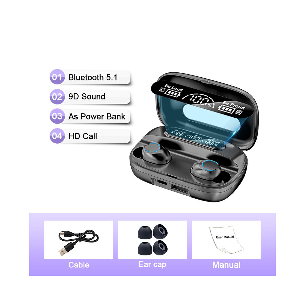 (A-) New Tws Earphone Wireless Bluetooth 5.1 Headphones Waterproof Sport Headsets Noise Reduction Earbuds With Microphone Black 4851204964034