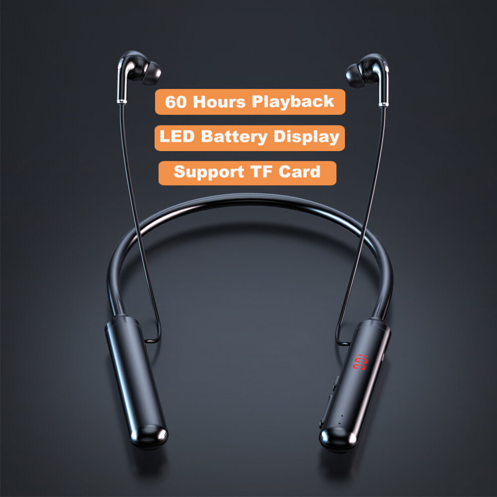 (A-60 Hours ) 100 Hours Endurance Bluetooth Headphones Stereo Bass Wireless Headphone Neckband Power Led Display Headset Tf Card Black 4851204926872