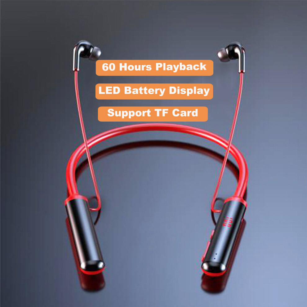 (A-60 Hours ) 100 Hours Endurance Bluetooth Headphones Stereo Bass Wireless Headphone Neckband Power Led Display Headset Tf Card Red 4851204926889