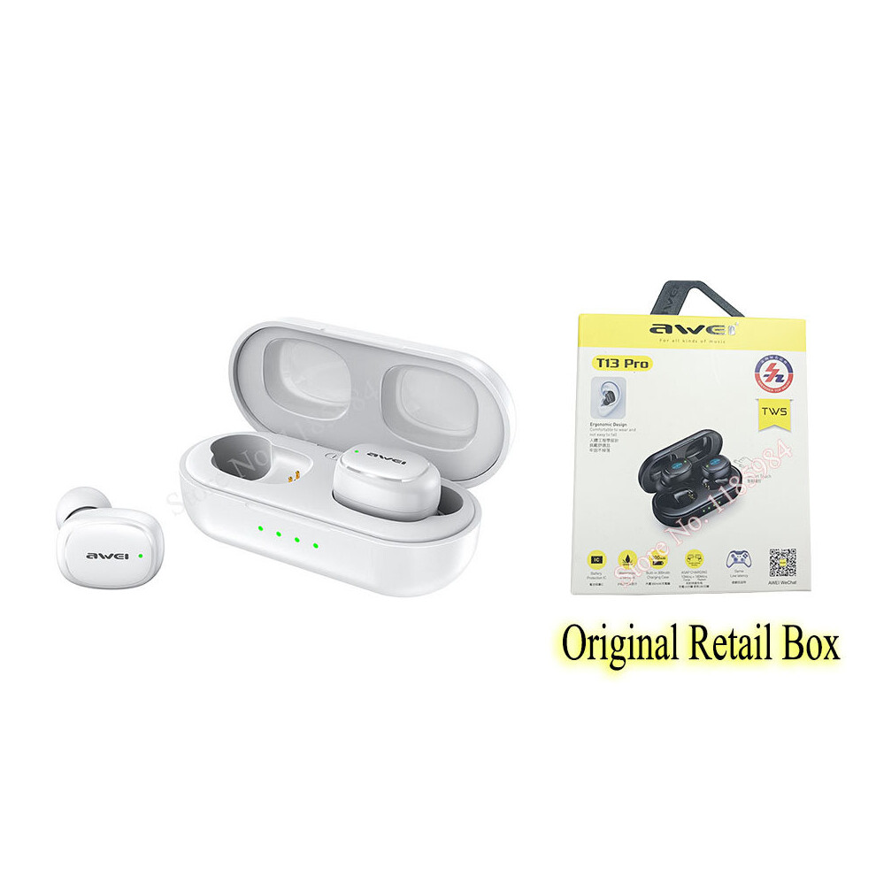 (A- Has Retail Box) Awei T13 Pro Tws Bluetooth 5.1 In Ear Mini Touch Earphone Sport Hifi Music Stereo Earbuds True Wireless With Power Charging B White 4851205060605