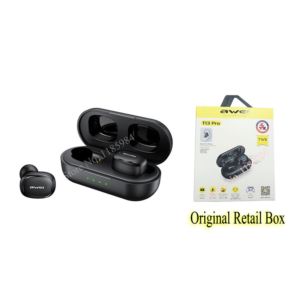 (A- Has Retail Box) Awei T13 Pro Tws Bluetooth 5.1 In Ear Mini Touch Earphone Sport Hifi Music Stereo Earbuds True Wireless With Power Charging B Black 4851205060575