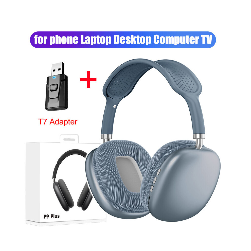 (A- T7 Adapter) P9 Stereo Earphone Tooth 5.0 Music Wireless Headphones With Mic Sports Headset Support 3.5Mm Aux/Tf Card For Tv Laptop Ps4 Blue 4851204932279