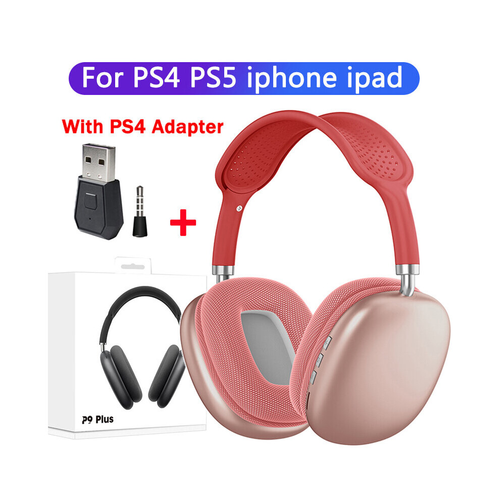 (A- P4 Adapter) P9 Stereo Earphone Bluetooth 5.0 Music Wireless Headphones With Mic Sports Headset Support 3.5Mm Aux/Tf Card For Tv Laptop Ps4 Red 4851204932323