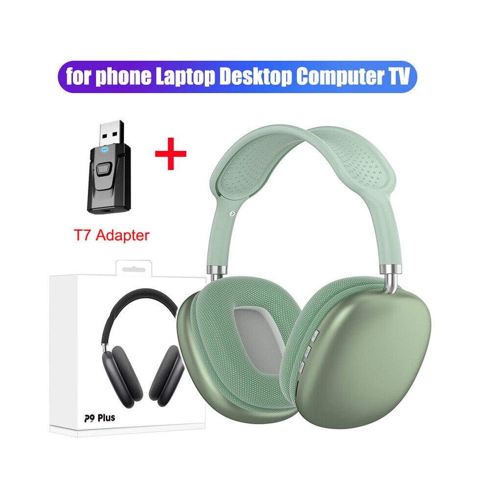 (A- T7 Adapter) P9 Stereo Earphone Bluetooth 5.0 Music Wireless Headphones With Mic Sports Headset Support 3.5Mm Aux/Tf Card For Tv Laptop Ps4 Green 4851204932309