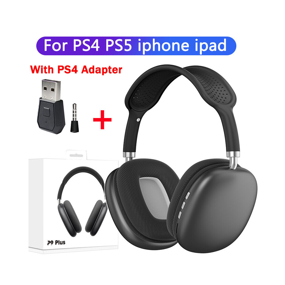 (A- P4 Adapter) P9 Stereo Earphone Bluetooth 5.0 Music Wireless Headphones With Mic Sports Headset Support 3.5Mm Aux/Tf Card For Tv Laptop Ps4 Black 4851204932231