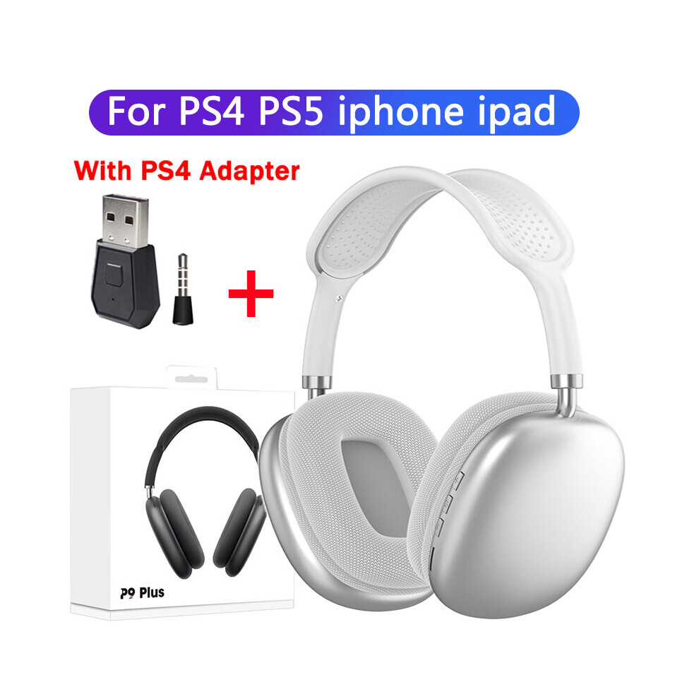 (A- P4 Adapter) P9 Stereo Earphone Bluetooth 5.0 Music Wireless Headphones With Mic Sports Headset Support 3.5Mm Aux/Tf Card For Tv Laptop Ps4 Silver 4851204932354