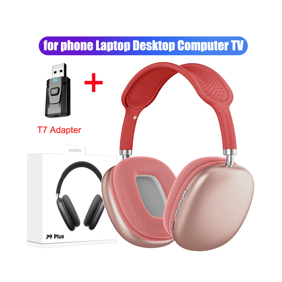 (A- T7 Adapter) P9 Stereo Earphone Bluetooth 5.0 Music Wireless Headphones With Mic Sports Headset Support 3.5Mm Aux/Tf Card For Tv Laptop Ps4 Red 4851204932330