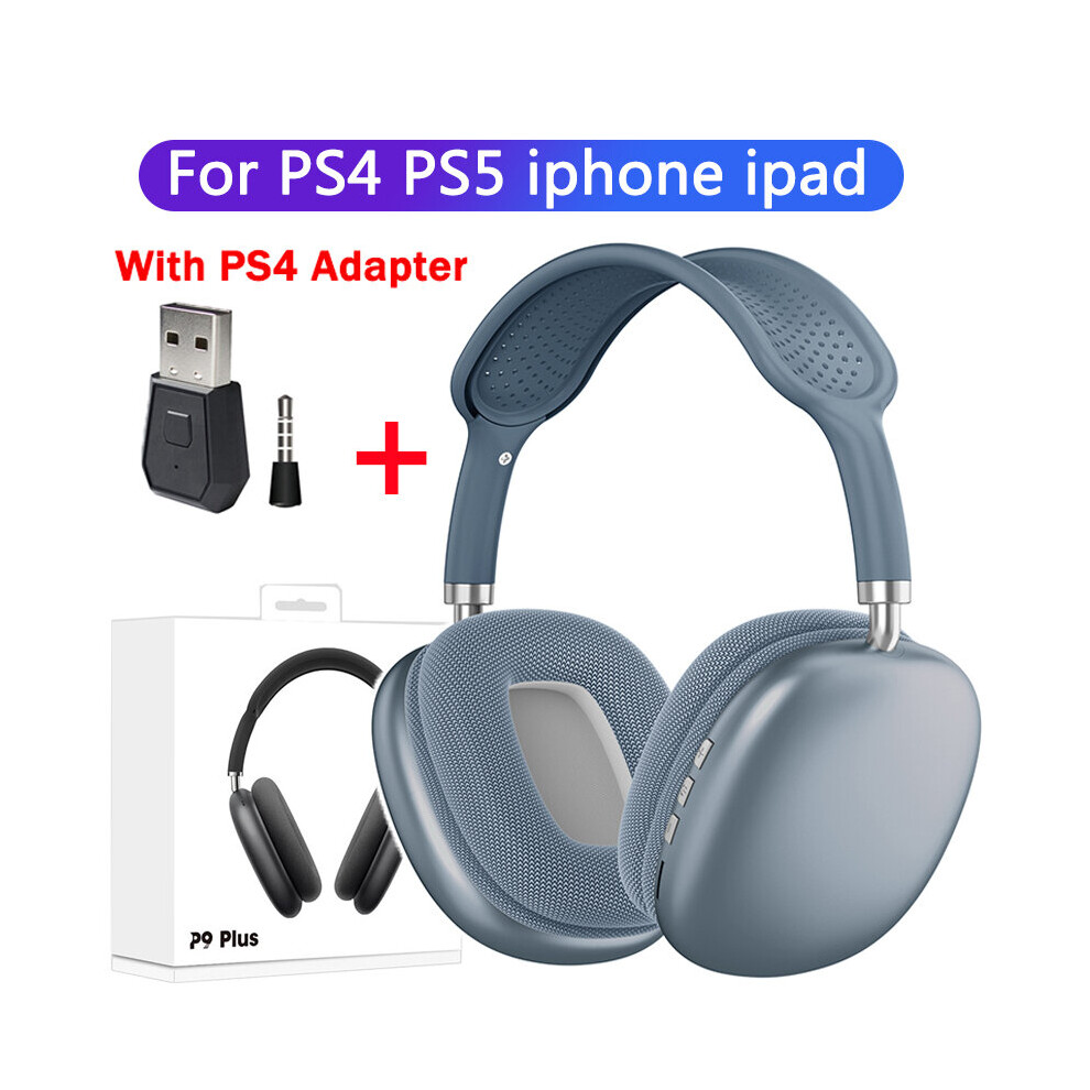 (A- P4 Adapter) P9 Stereo Earphone Tooth 5.0 Music Wireless Headphones With Mic Sports Headset Support 3.5Mm Aux/Tf Card For Tv Laptop Ps4 Blue 4851204932262