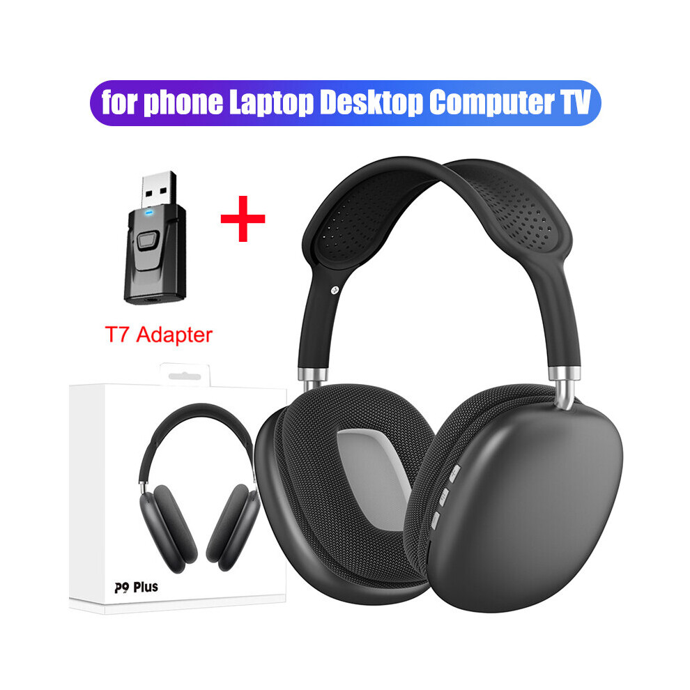 (A- T7 Adapter) P9 Stereo Earphone Bluetooth 5.0 Music Wireless Headphones With Mic Sports Headset Support 3.5Mm Aux/Tf Card For Tv Laptop Ps4 Black 4851204932248