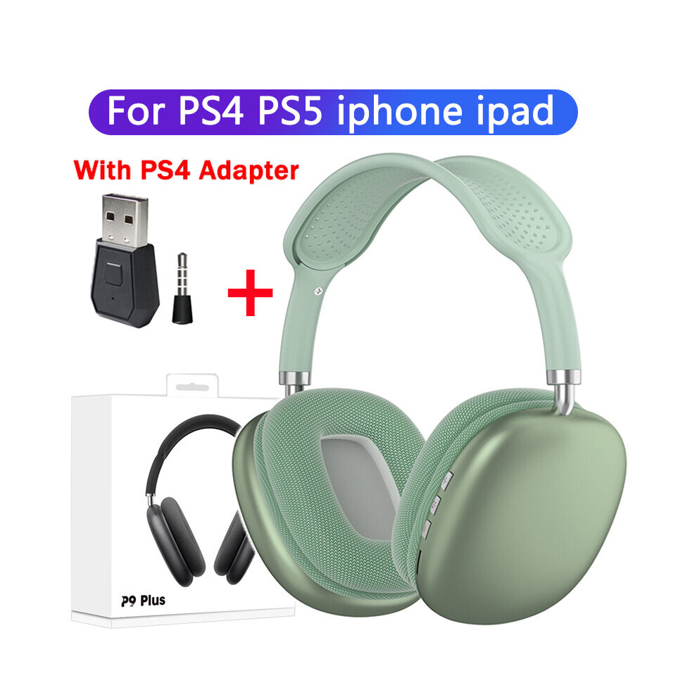 (A- P4 Adapter) P9 Stereo Earphone Bluetooth 5.0 Music Wireless Headphones With Mic Sports Headset Support 3.5Mm Aux/Tf Card For Tv Laptop Ps4 Green 4851204932293