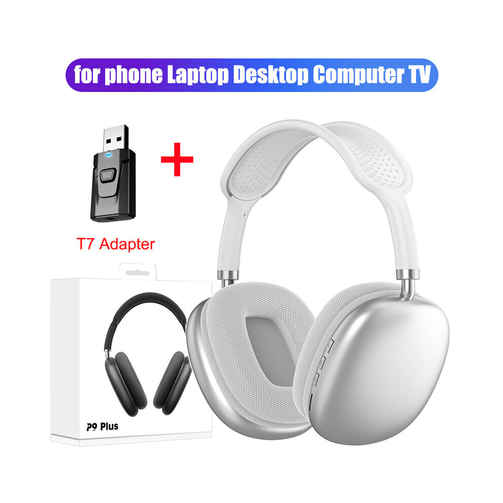 (A- T7 Adapter) P9 Stereo Earphone Bluetooth 5.0 Music Wireless Headphones With Mic Sports Headset Support 3.5Mm Aux/Tf Card For Tv Laptop Ps4 Silver 4851204932361