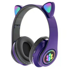 (a-Purple) kebidu Flashing LED Cute Cat Earphone bluetooth Wireless headset USB with Mic TF Kid Girl Stereo Bass Earbud Phone Earphone New