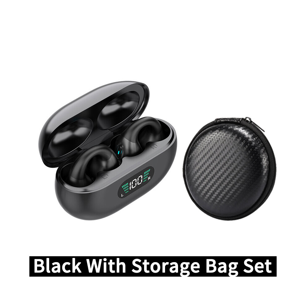 (a-Black With Bag) Bone Conduction Earrings TWS Wireless Headphones Bluetooth 5.3 Earphones Earclip Touch Control Earbuds Sports HIFI Bass Headsets