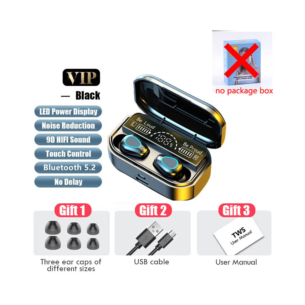 (A- No Box) 2022 New Bluetooth 5.2 Wireless Earphone Tws Stereo Hifi Bass Touch Earbuds With Mic 3500Mah Charging Box Sports Gaming Headset Black 4851204954080